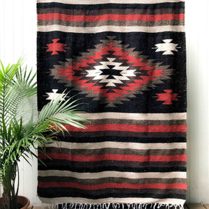 Mexican blanket woven in geometric design with center diamond and stripes in black, rust, brown, and tan with white fringe shown hanging against white wall with palm plant at side