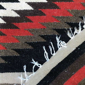 Close up of portion of Mexican blanket woven in rust, black, brown and tan stripes with white fringe edge.