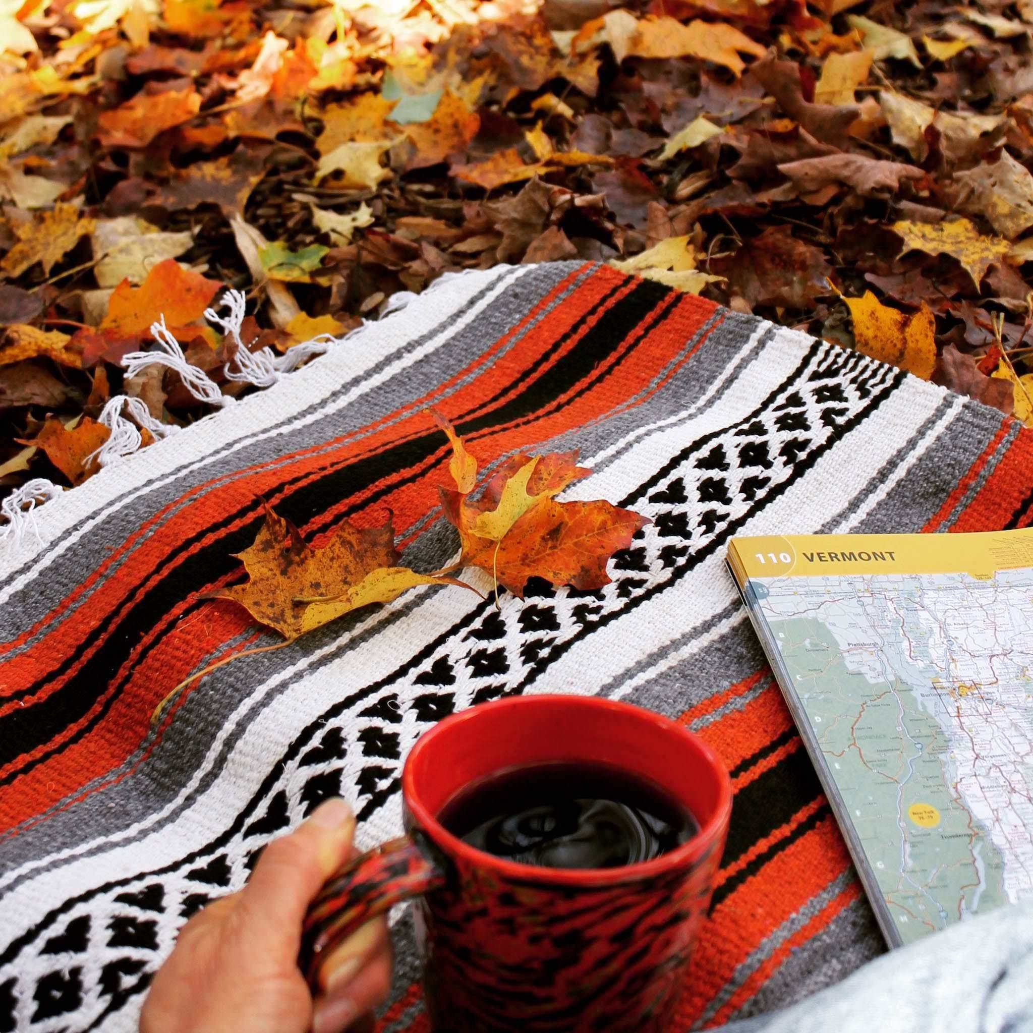 Corner of blanket woven with alternating solid stripes in white, black, grey and rusty orange, and white stripe with pattern of small black diamonds, and white fringed edge, lying on ground covered with yellow and brown fallen leaves, with hand holding an orange ceramic cup full of coffee and corner of map of Vermont resting on blanket.